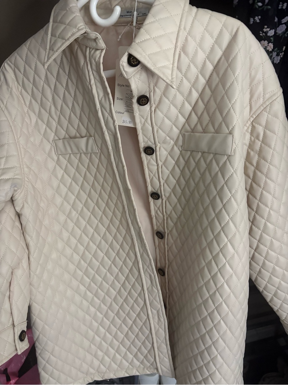 Women's Quilted Cream Puffer Jacket with Button Front